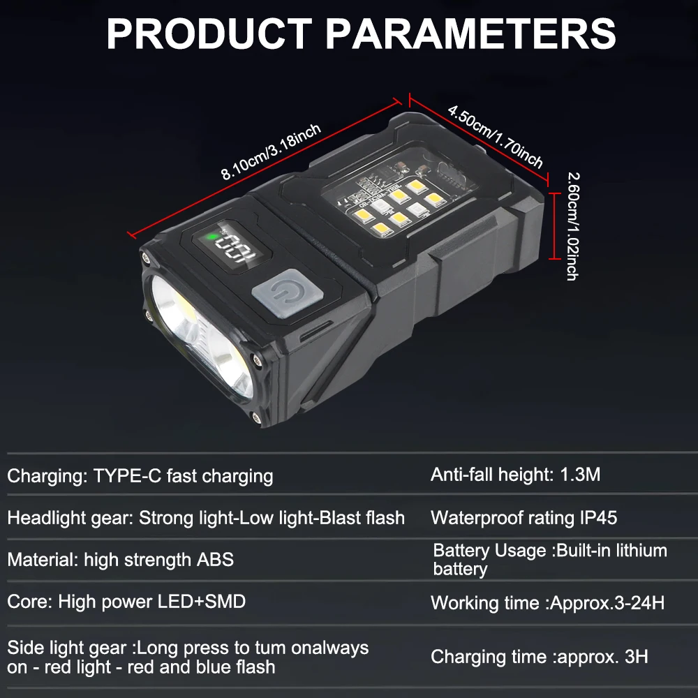 Adjustable Angle Flashlight Side Lamp Emergency Light USB Rechargeable Multifunctional Hiking Camping Working Portable