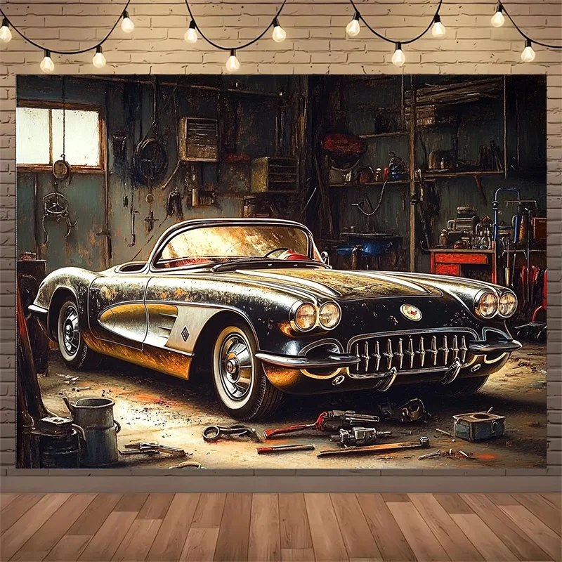 Vintage Oldtimer Garage Polymer Stoff Fotografie Hintergrund und Partyfahnen – Geburtstag Hochzeit Party Dekoration Garten