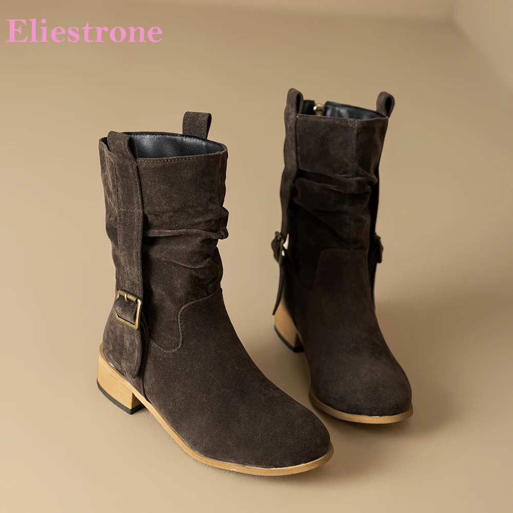 

2025 New Winter Concise Khaki Brown Women Mid Calf Boots Hot 3.5cm Chunky Med Heels Lady Shoes Plus Big Size 44 46 48