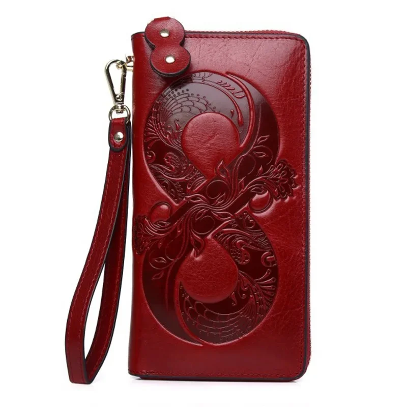 Vintage Genuine Leather Woman Wallet Floral Real Cow Leather Purse Ladies First Layer Cowhide Clutch Bag
