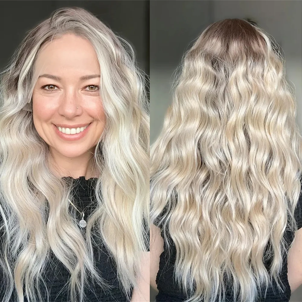 Natural Lace Front Wig 22” Platinum Blonde Curly Futura Fiber Wig Ash Roots Layered Loose Culry Synthetic Wig for Women Daily