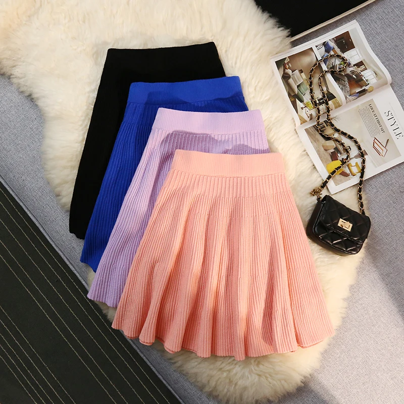 Autumn Winter Knitted Pleated Short Skirt Women Umbrella Tutu Skirt Sexy Elastic High Waist Slim Club Party Mini Skirts