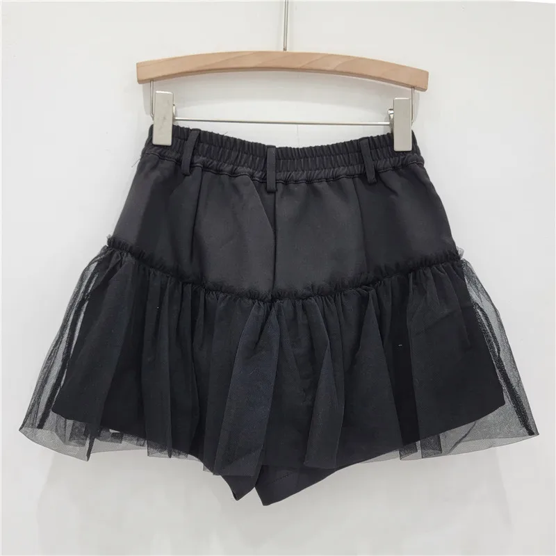 Curto casual de perna larga feminina culottes, estilo coreano, malha de costura, linha A, cintura alta, elástico, menina quente, verão, novo