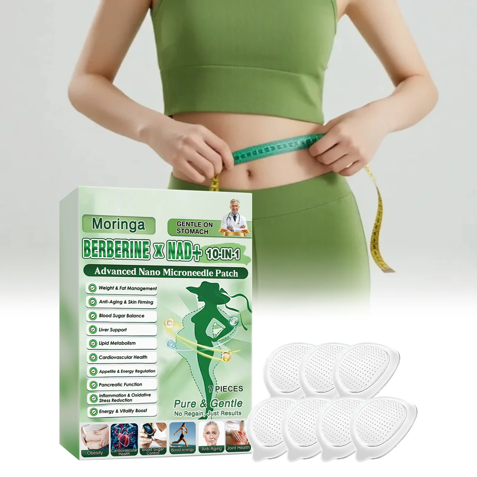 10-in-1 Berberine Moringa NAD+ Slimming Nano Microneedle Patch Weight Loss Fat Burning Belly Shaping Patch Blood Sugar Energy Bo