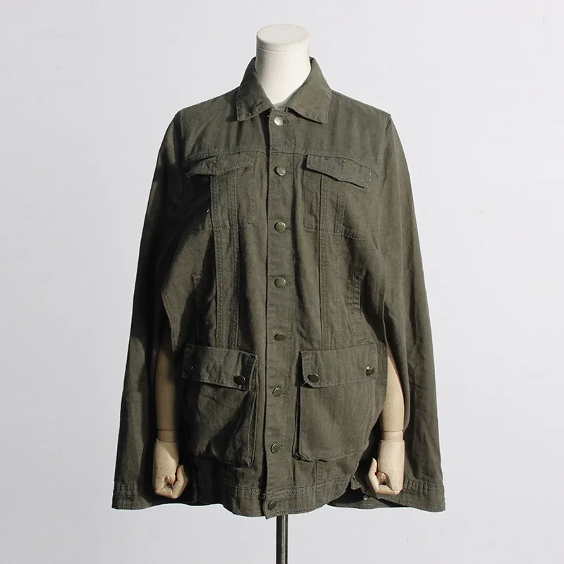 Women's Patchwork Denim Jacket Coat Turn-Down Collar Cape-Style Trendy Autumn Fashion Large Pockets Personalized Clothing