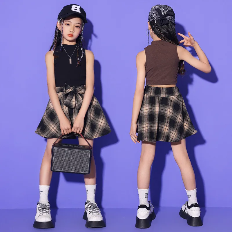 Hip Hop Kleding Kinderen Mouwloze Top Plaid Rok Street Dance Kostuum Tiener Stijldansen Meisjes Stadium Slijtage Kleding 10 12 Y