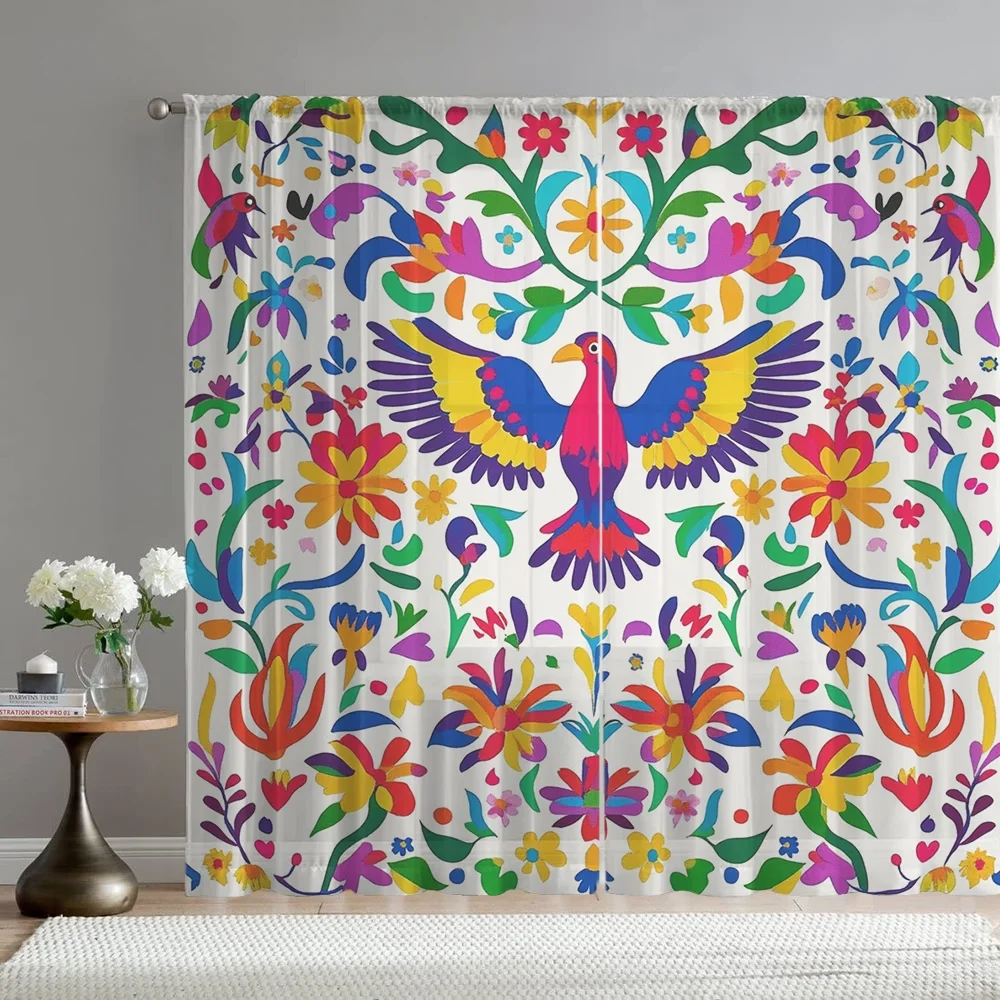 2PCS Digital Printing Sheer Curtain, Mexican Folk Art Birds Flowers Pattern, Vibrant Ethnic Bohemian Fiesta Living Room Decor - view 2