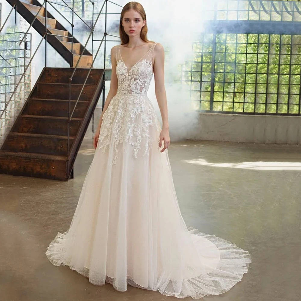 Delicate Sleeveless Applique Tulle Wedding Dress V-Neck Sexy Open Back Bridal A-Line Floor Length Sweep Train Bride Gowns