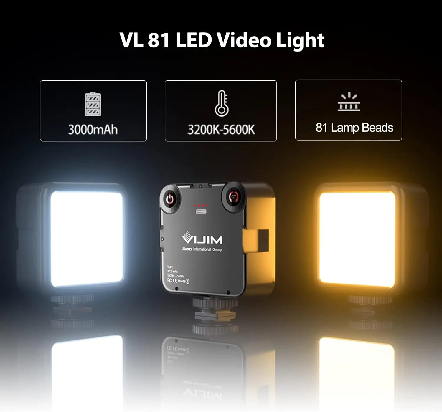 Ulanzi-vl81 led luz para câmera de vídeo, com 3 sapata fria, recarregável, bateria 3000mah, bicolor, dimmable, 3200k-5600k, cri95 +