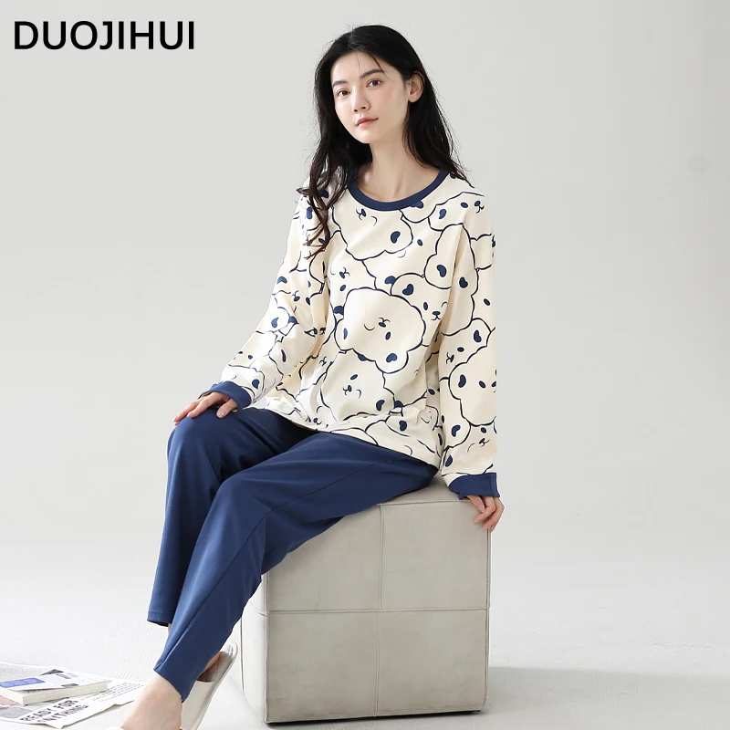 DUOJIHUI Loose Simple Soft Casual Female Pajamas Set Autumn Chic Print Pullover Basic Pant Fashion Spell Color Pajamas for Women