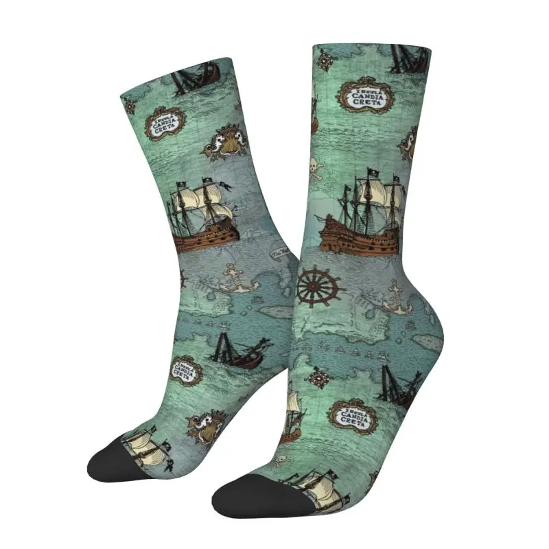 

Novelty Printing Pirate Map Nautical Sea Print Socks for Women Men Stretch Summer Autumn Winter Skull Sailor Crew Socks