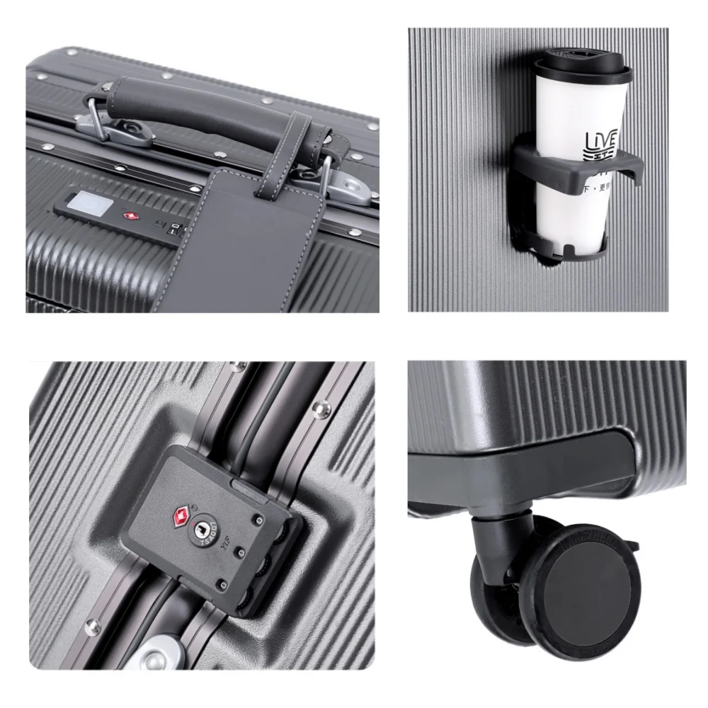 جديد الجبهة افتتاح جيب المتداول الأمتعة سبائك الألومنيوم الإطار واسعة مقبض عربة حقيبة مع عجلة USB شحن المكونات قفل TSA