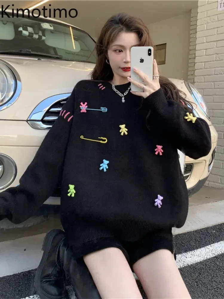 Kimotimo Colorful Bear Embroidery Sweater Women Autumn Winter Loose Round Neck Pullover Korean Fashion Design Lazy Knitted Tops