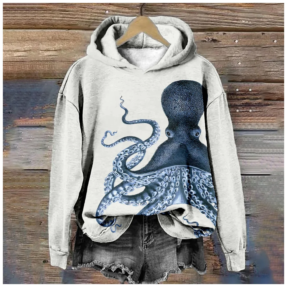 Hoodies Sweatshirts Gedruckt Crewneck Octopus Casual Plum Blossom Outdoor Sport Harajuku Streetwear Kawaii Frauen Kleidung