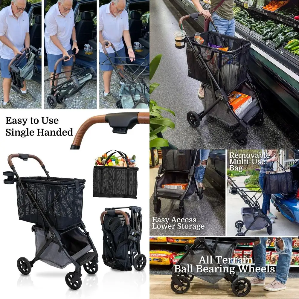 

Ультралегкая тележка для покупок с высококачественными колесами, съемной сумкой и нижним отсеком для хранения, грузоподъемность до 75 фунтов