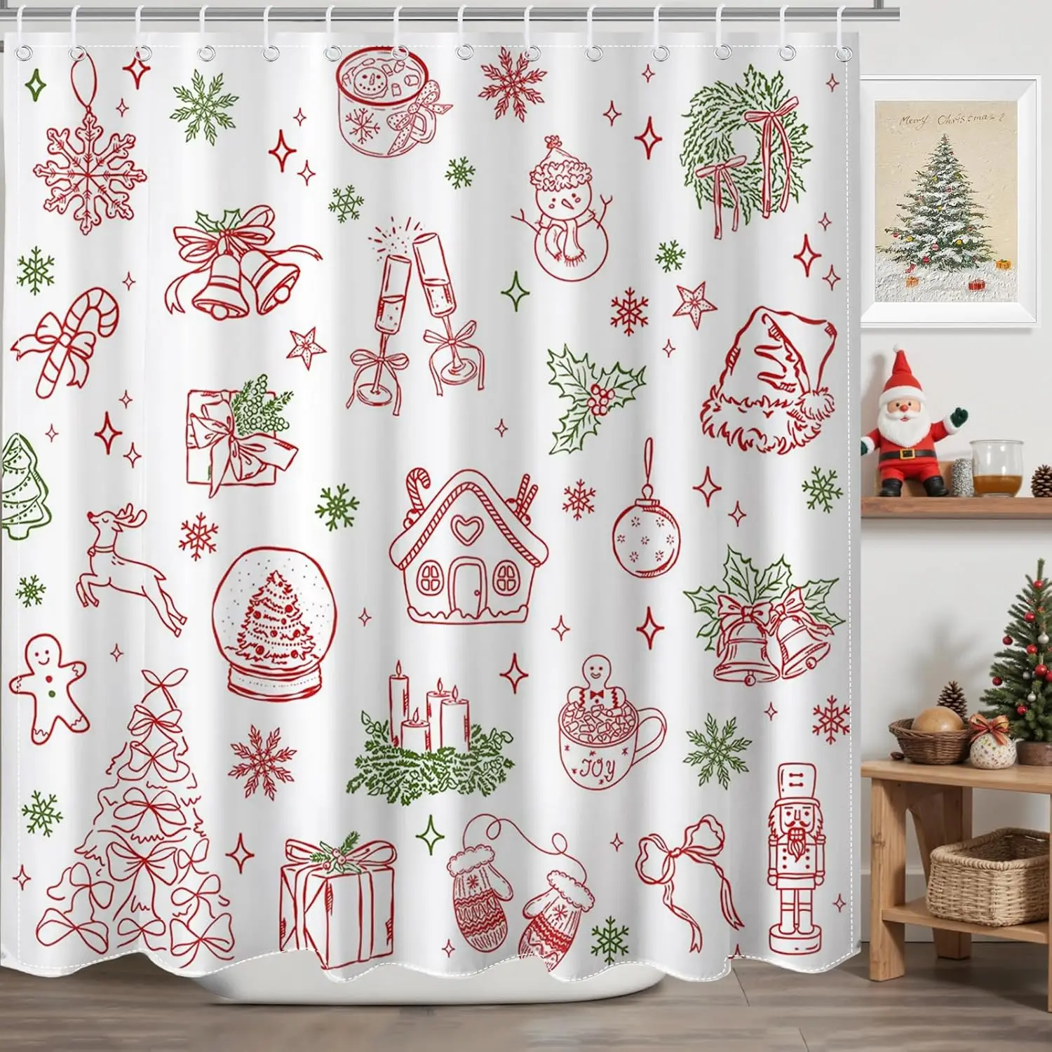 Christmas Shower Curtain for Kids Cute Xmas Tree Candy Ball Snowman Gingerbread Man Shower Curtain for Christmas Bathroom Decor