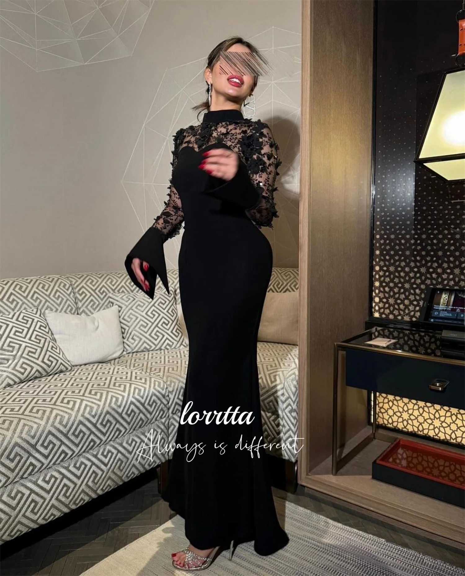 

Lorrtta Floral Fabric Evening Dress Long Sleeves Black Fishtail Cut Elegant Gowns Formal Dresses Woman Robe Party New Customized