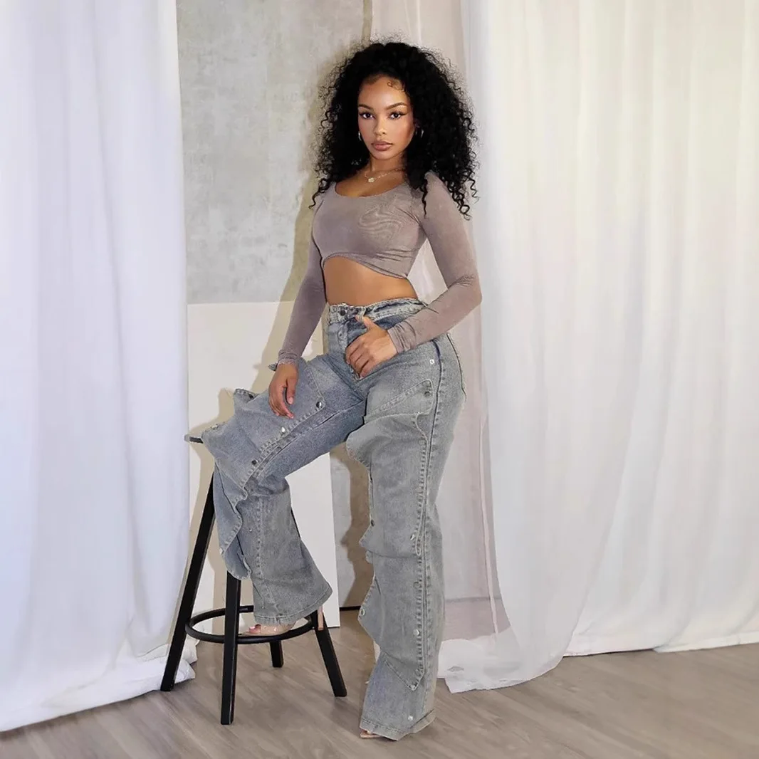 

Джинсы женские прямые брюки джинсовые брюки винтажные эластичные с высокой талией съемные пуговицы стираные 2025 уличная одежда длиной до пола