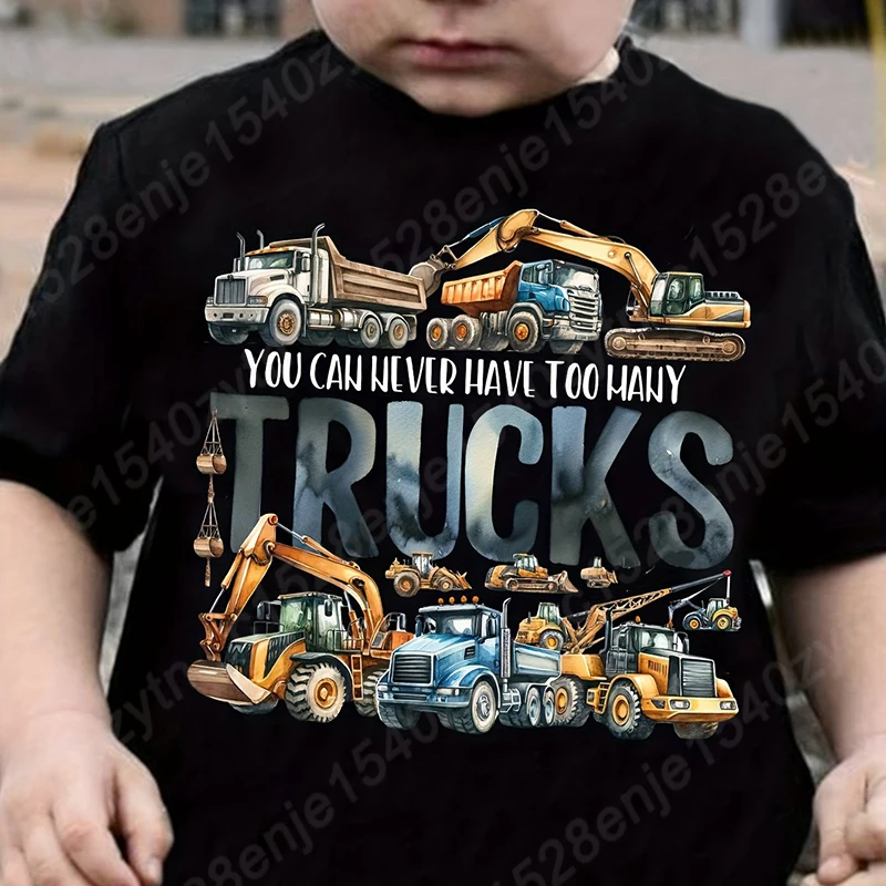 Cartoon Truck Print Boy's Creative T-shirt, Vibrant Comfortable Crew Neck Top, Kids Summer Clothing