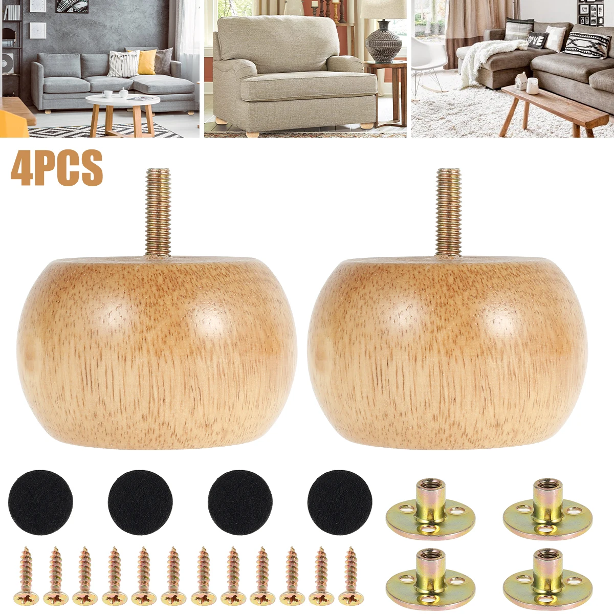 4 Pcs Furniture Legs Wooden Solid Furniture Feet Round Foot Table Feet Non-slip Chair Reet with 4 Screws DIY