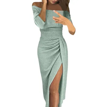 Hüftumarmendes Damenkleid, sexy Kleid mit Bateau-Kragen, hohes Schlitzkleid, einfarbig, schmale Passform, glitzerndes formelles Abend-Partykleid
