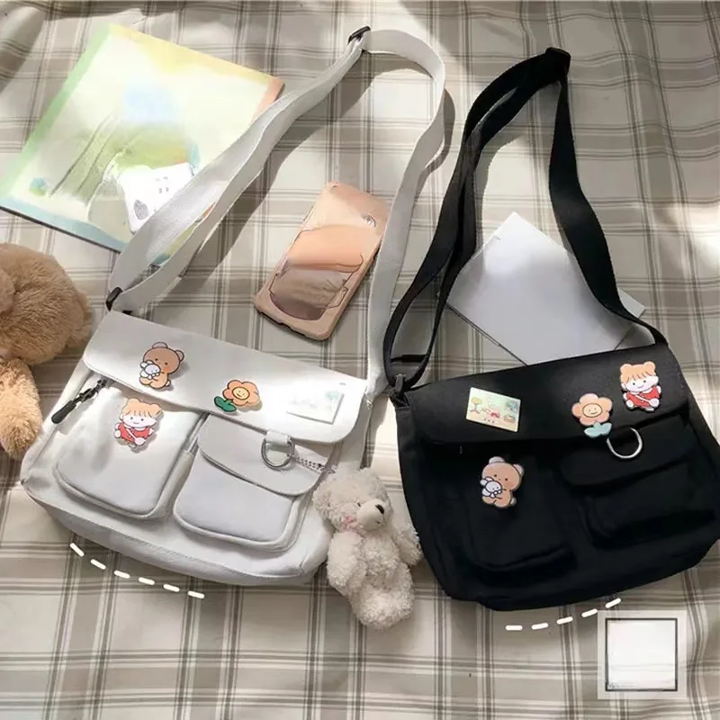 Japanische Harajuku niedlichen Retro Mädchen Umhängetasche schicke Abzeichen Leinwand Cross body Schult aschen Student einfarbige Umhängetasche Schulranzen – Detail 13