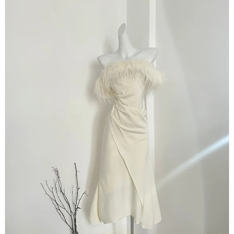 Women's Autumn Slimming Dress, White off-Shoulder Dress New from Moment of Floating World Ball