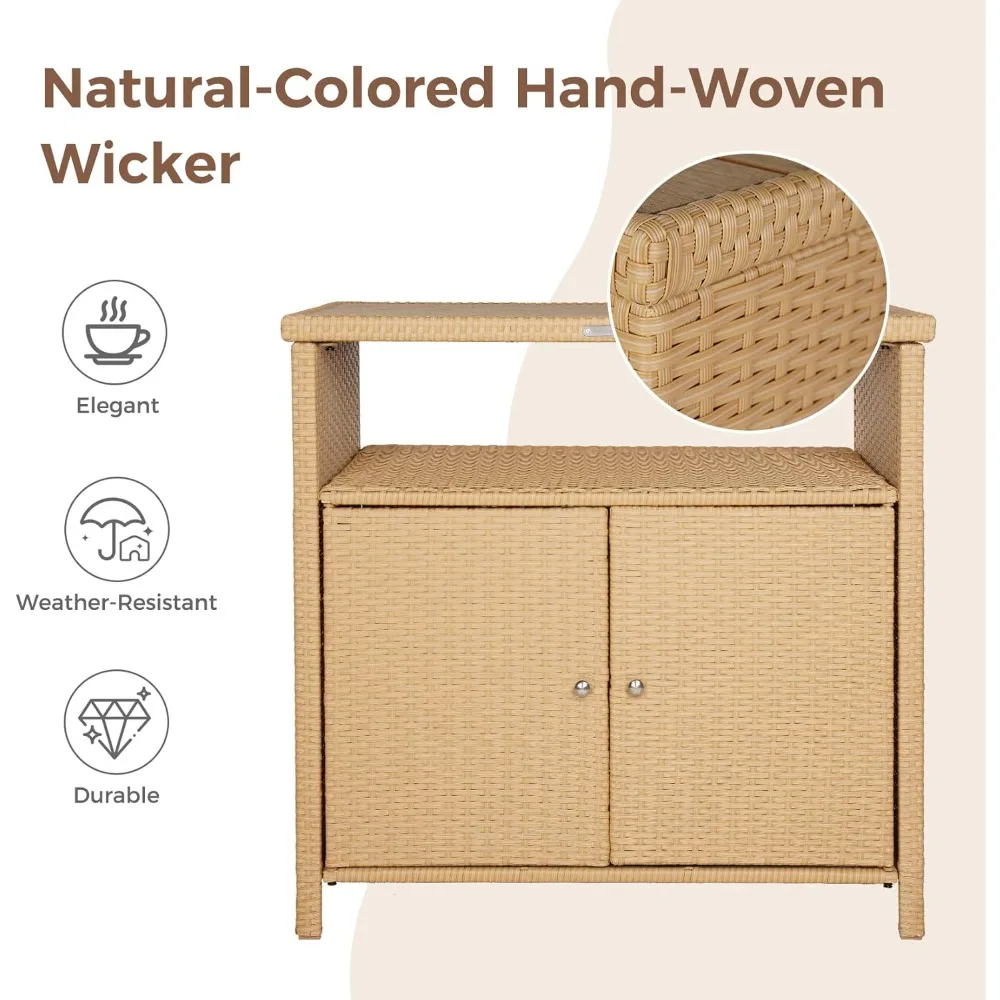 خزانة تخزين خارجية مع سطح من خشب الجوز وخزانة بوفيه من الخيزران المقاومة للطقس وخزانة جانبية من الخيزران ببابين لفناء الحديقة