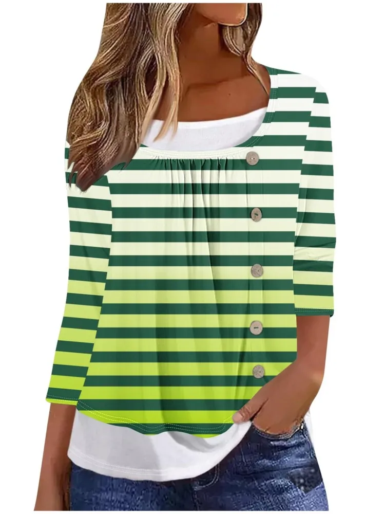 

Spring Summer Ladies Tee Shirt Striped Print Square Collar Buttons Three Quarter Sleeves Pleated Casual Loose Top Women Pullover