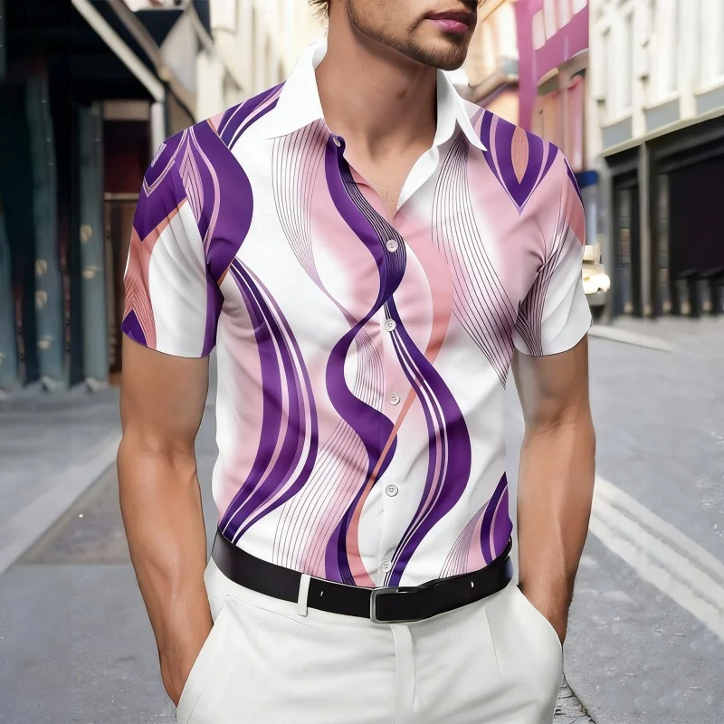 

Colorful Stripe Pattern Hawaiian Shirt For Men Color Block 3D Printed Short Sleeves Summer Street Blouse Beachwear Aloha Shirts