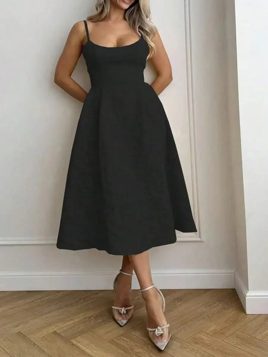 

Black Solid A-Line Midi Dress With Spaghetti Straps, Fitted Waist, Elegant For Summer Wedding Party