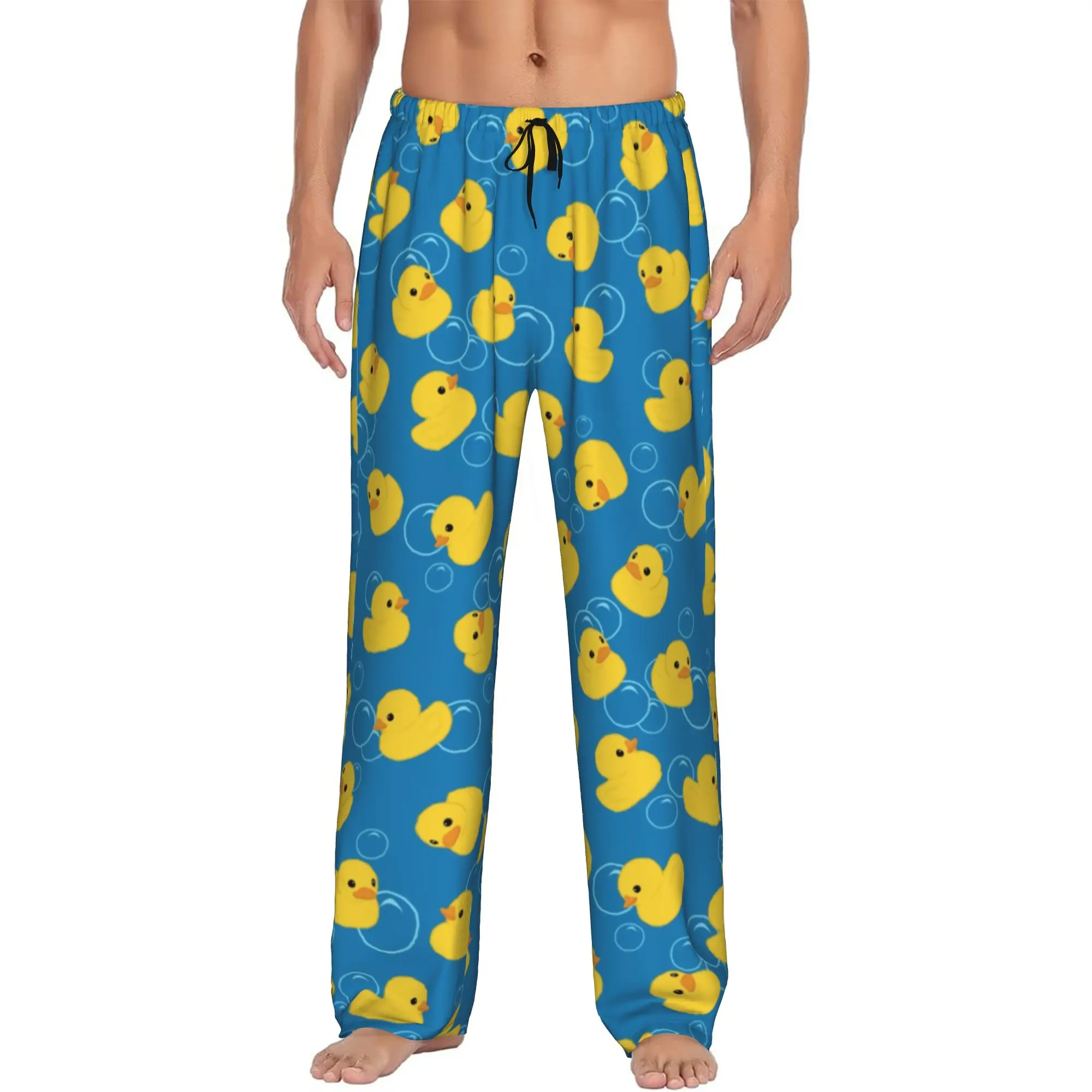 Custom Cute Cartoon Yellow Bath Duck Pattern Pajama Pants Men's  Sleepwear Lounge Sleep Bottoms Stretch with Pockets