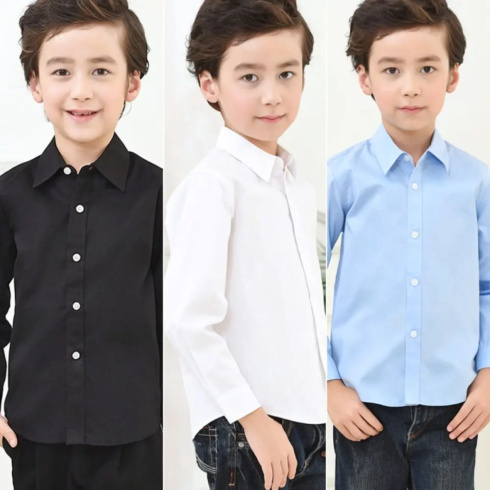 Cotton Boys White Shirt Long Sleeve School Uniforms Kids Formal Dress Shirts Teens Basic Solid Color Spring Autumn Tops