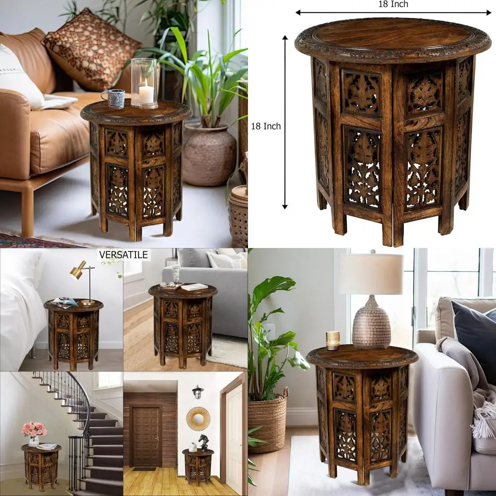 

Vintage Boho Folding End Table - Handcrafted Solid Wood, 18 Round, Jaipur Antique Brown for Small Spaces