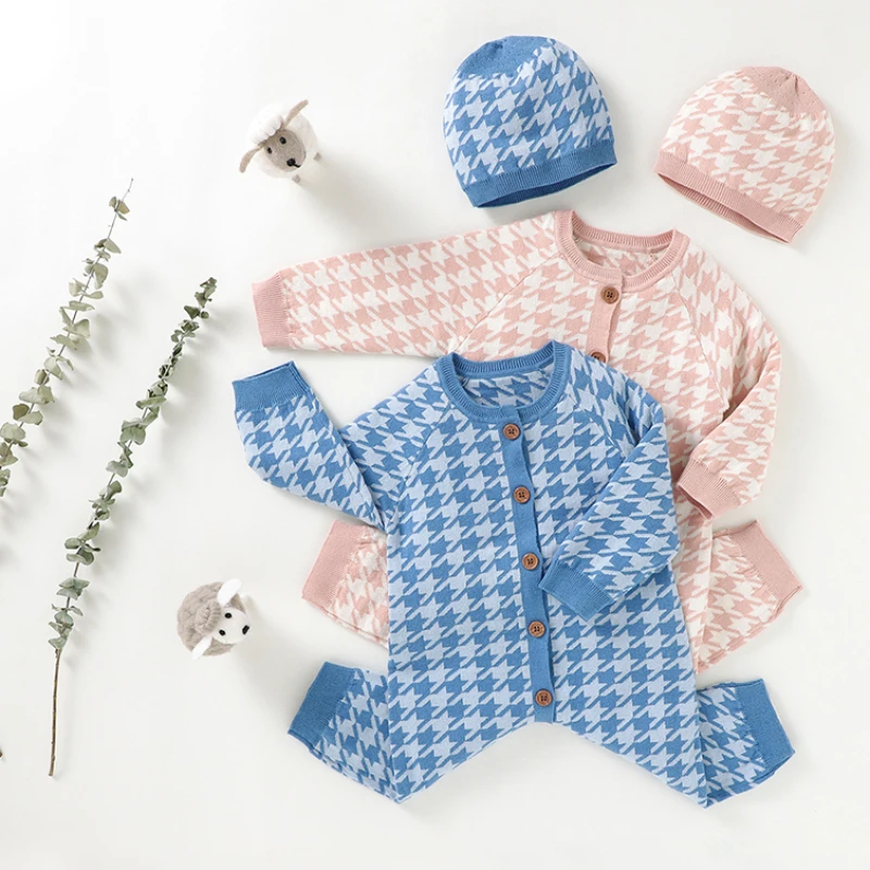 Newborn Boy Girl Jumpsuits Hats Clothes Sets Autumn Winter Infant Kids Outwear Playsuits Baby Rompers Long Sleeve Cotton Knitted