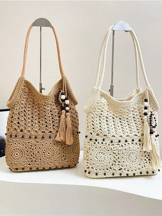 

Rustic Single oulder Bag Underarm Woven Hooked Beach Vaion Sle Field Tote Bag Soft Cotton Liner Zipper Closure Travel
