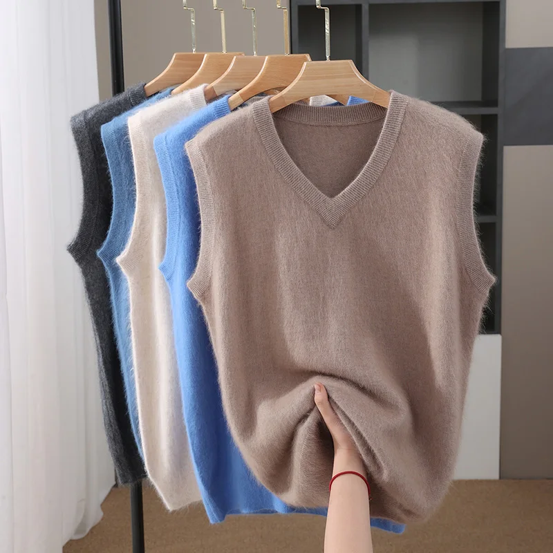 Sweater Vest Men Mink Cashmere V-neck Sleeveless Knitted Sweaters Vests Solid Color Simple Chic Loose Casual All-match Tank