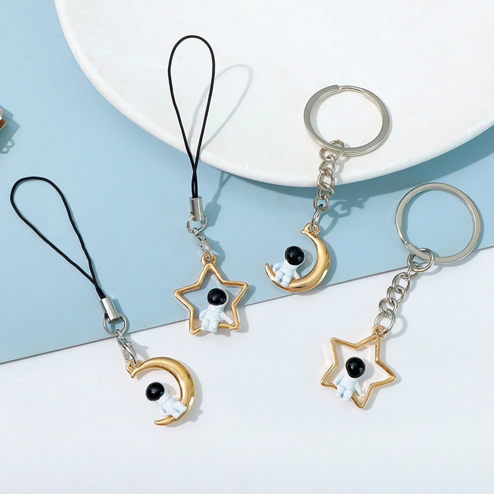Cute Star Moon Astronaut Keychain Creative Mini Spaceman Mobile Phone Lanyard Girls Backpack Pendant Accessories Couple Gift
