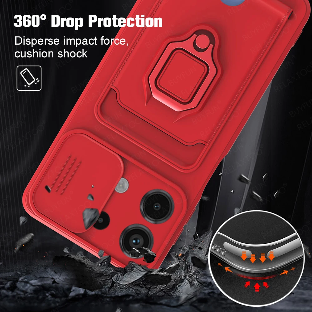 Slide Camera Protection Case For Redmi Note 13 Pro 5G 4G Magnetic Ring Card Slot Holder Shockproof Coque On Redmy Note13 Pro+ 5G