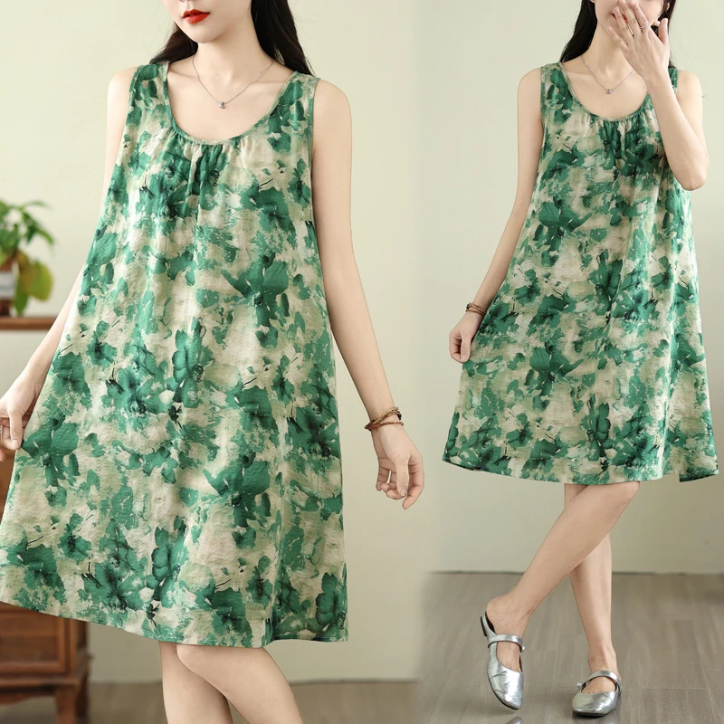

Summer Loose Sleeveless A-Line Dress Green Cotton Linen round Neck Print Vest Women's Fashion Commute Style High Waist Midi S...
