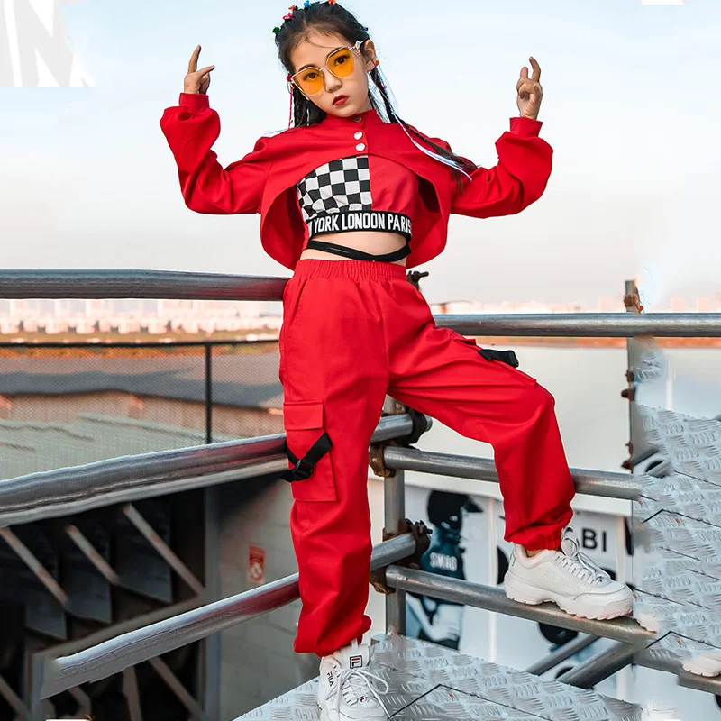 Street Dance Show Performance Clothing 110-180cm 3 Pieces/ Set Girls Jazz Dance Clothes Children Hip Hop Red Suit Modern