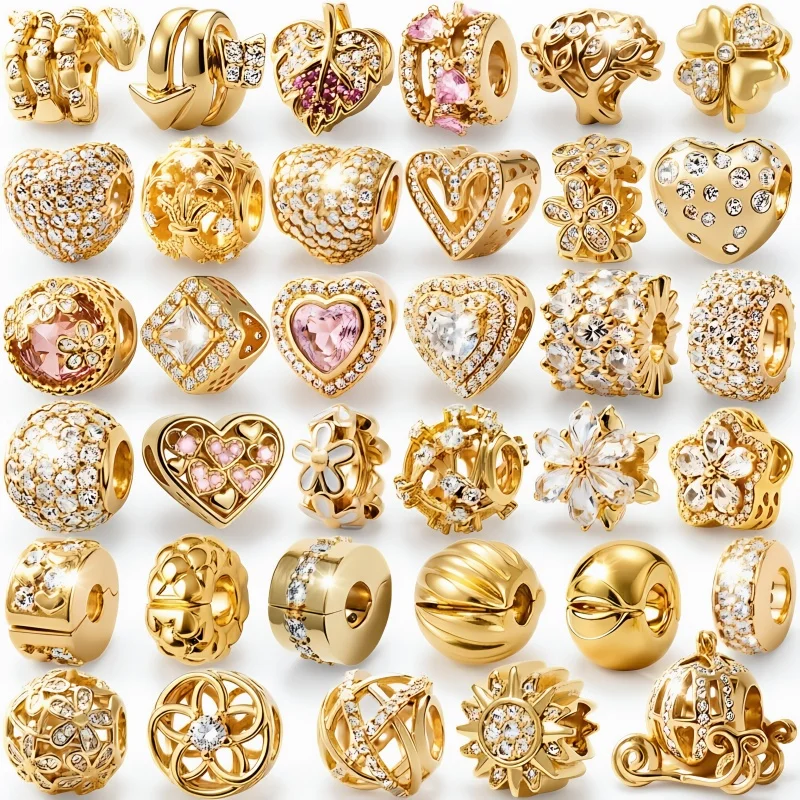 

Popular Gold Sparkling Heart Flower Charm Beads For Women Snake Bone Security Chain Bracelet Jewelry Making DIY Accessories Gift