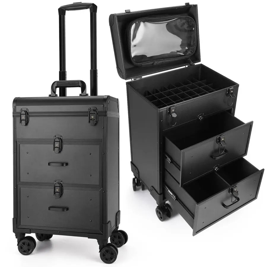 

Rolling Makeup Train Case, Professional Cosmetology Case on Wheels, Aluminum Cosmetic Trolley Travelling Cart Trunk with Swivel