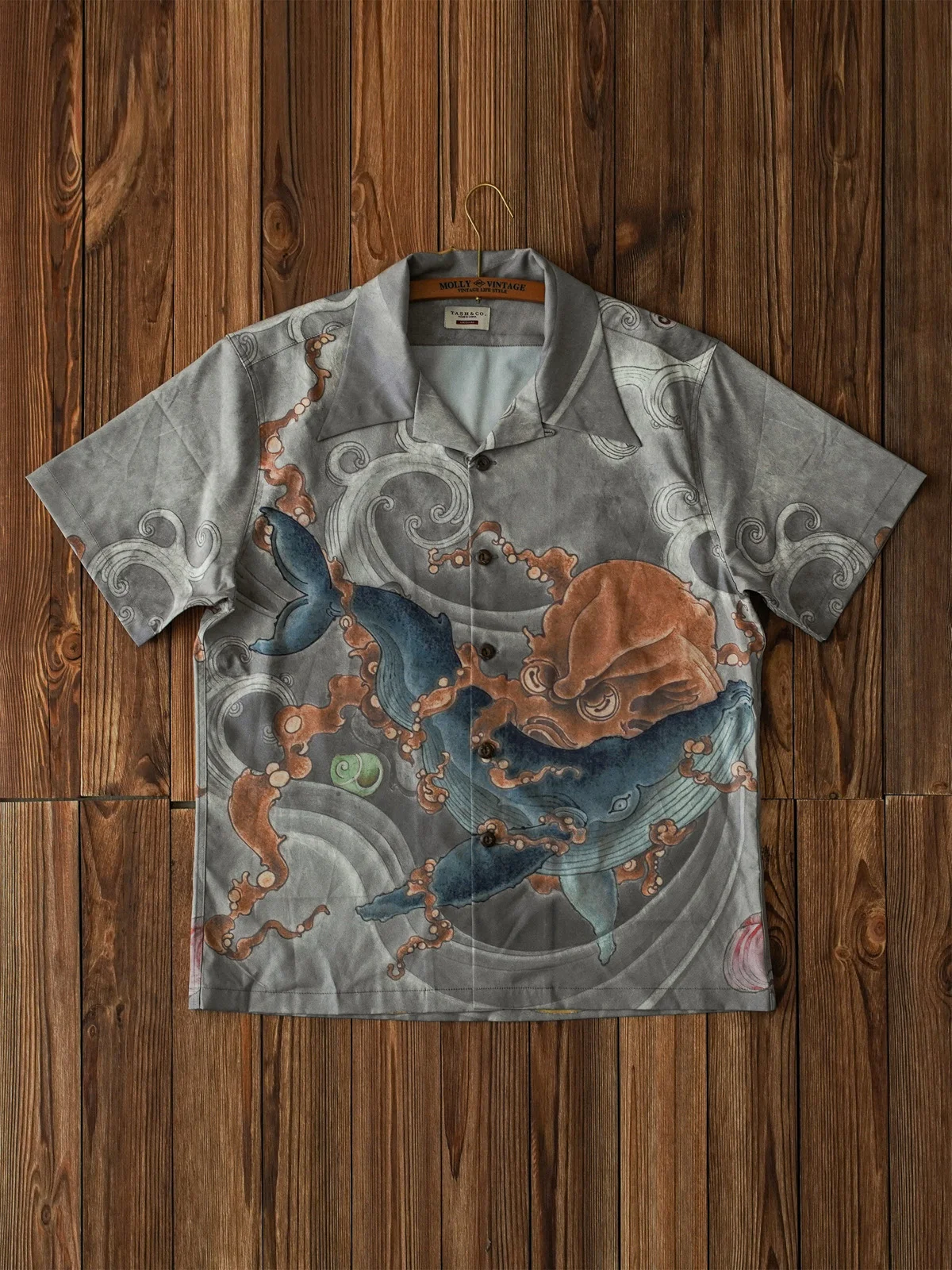 

Wrinkle-resistant and iron-free Ukiyo-e painted ink octopus whale short-sleeved Hawaiian print shirt Cuban collar loose retro me