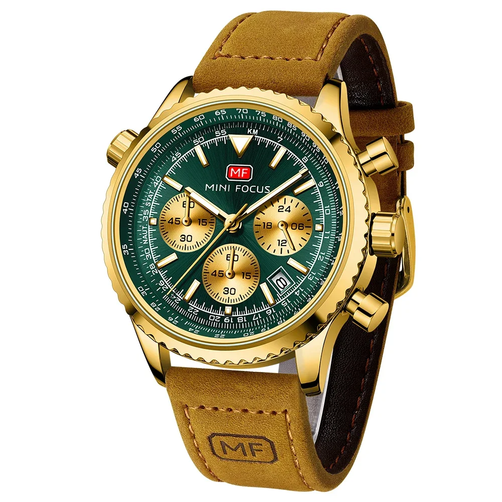 MINI FOCUS Men's Multifunction Quartz Watch Genuine Leather Strap Luminous 30M Water Resistant Casual Wristwatch