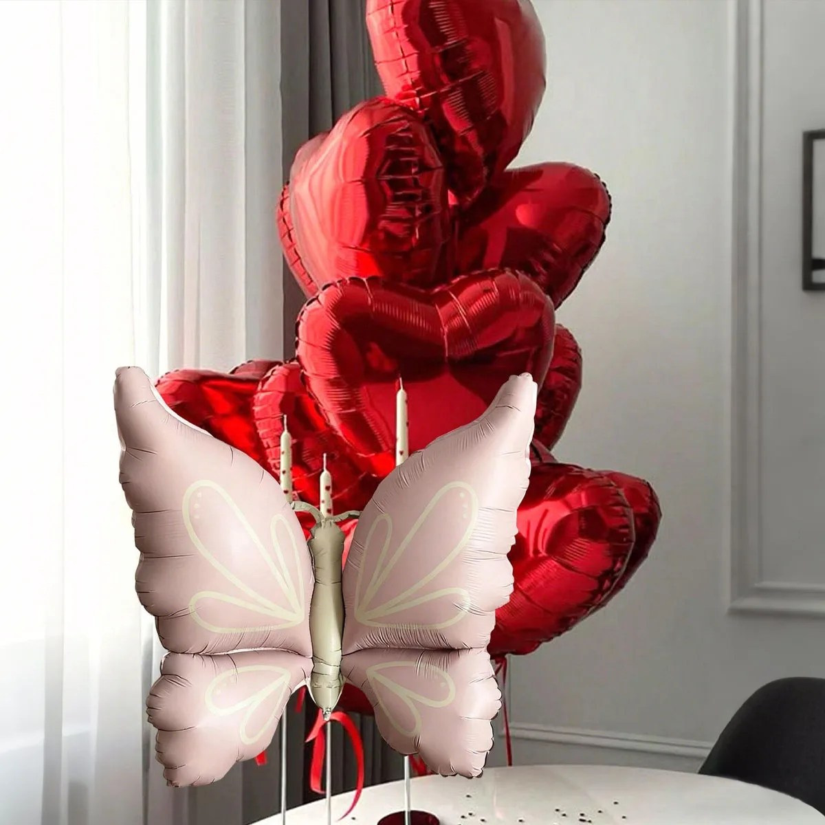 Rosa Schmetterlings-Ballon-Set, 45,7 cm, rotes Herz, Aluminiumfolie, Ballon für Geburtstag, Vorschlag, Valentinstag, Duschdekoration – Detail 7