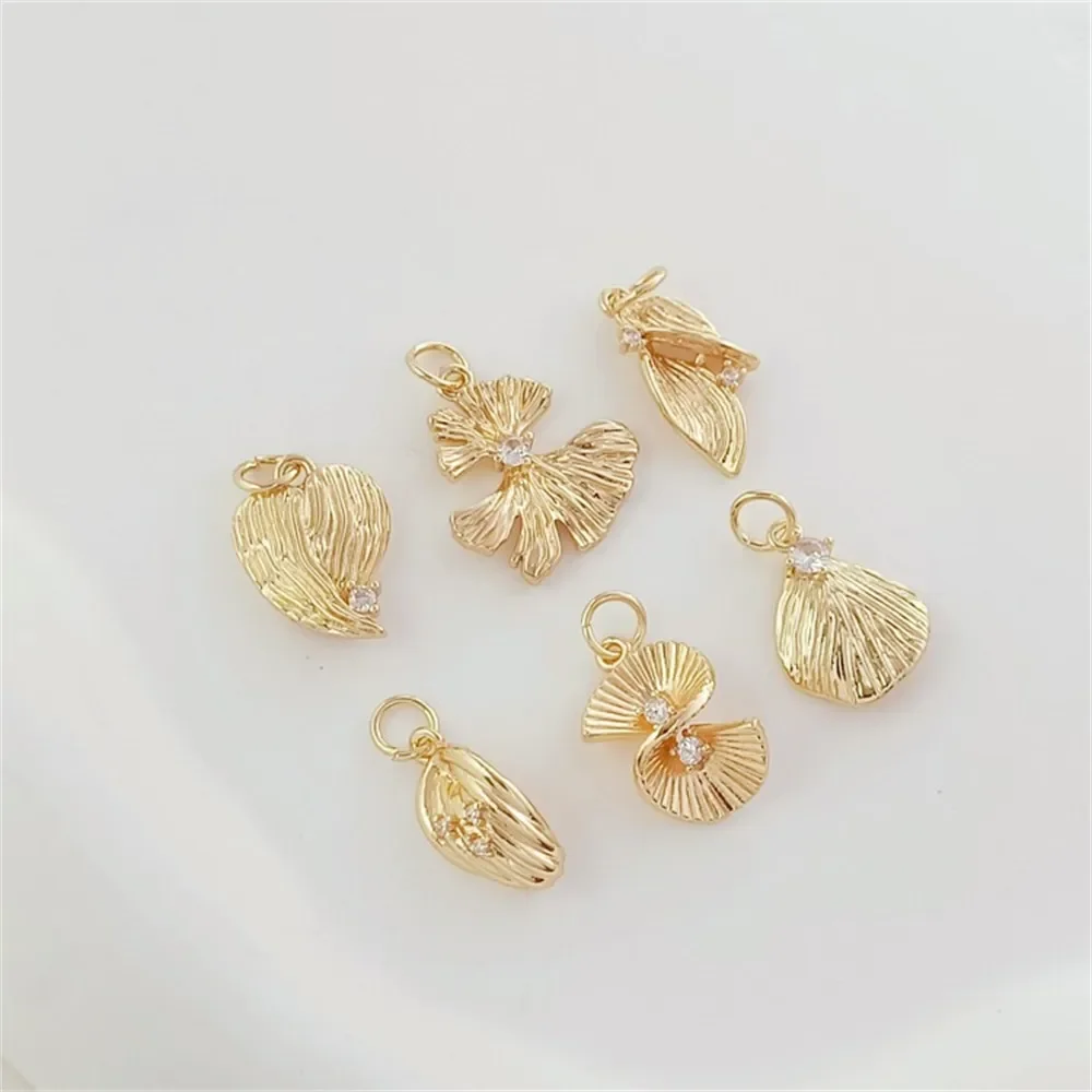 

14K Gold-plated Zircon Inlaid Ginkgo Leaf Fan-shaped Scallop Heart Leaf Pendant, DIY Handmade Bracelet Earrings