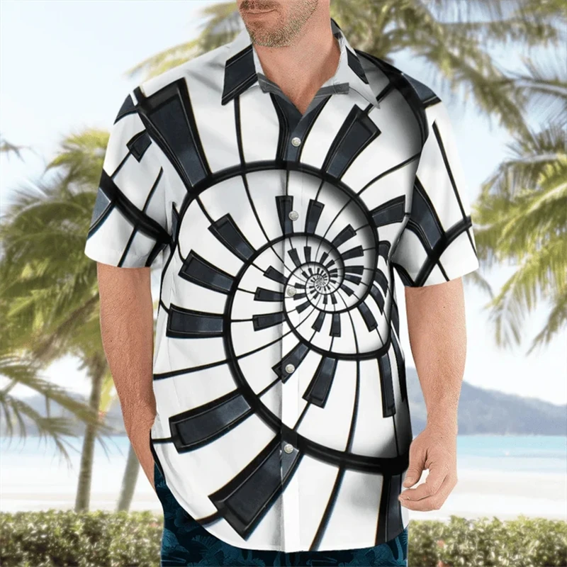 Men's Hawaii Summer Piano Pattern Casual Beach Shirt 3D Print Black And White Funny Short Sleeve Female Clothing Buttons Blouse