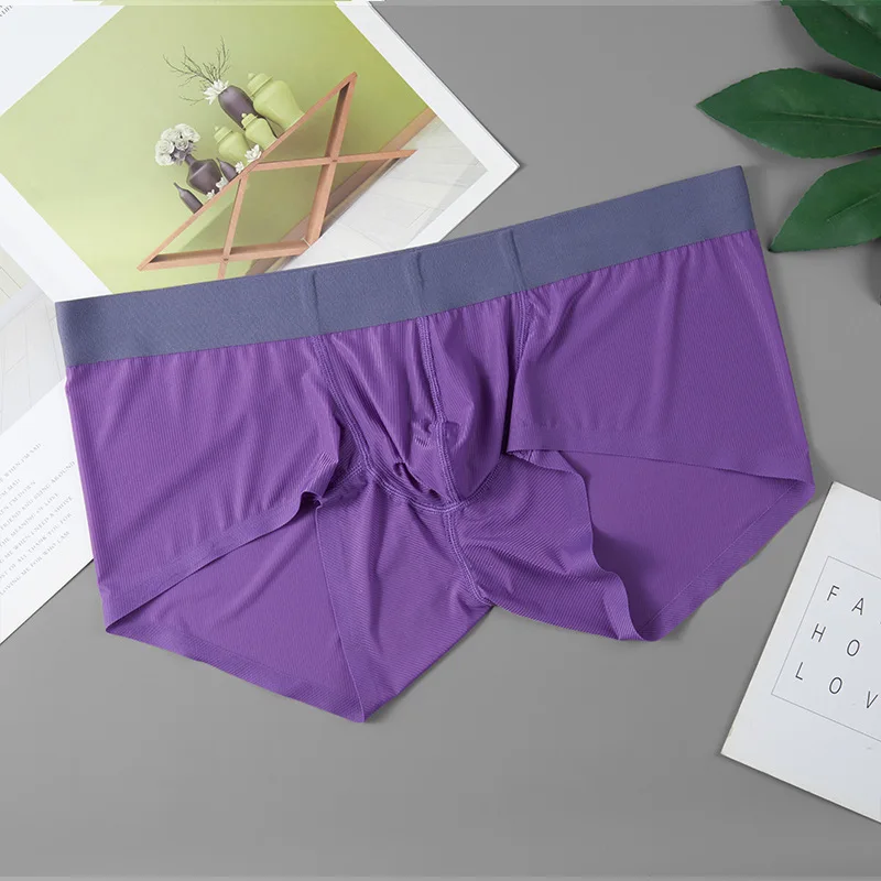 Men's Ice Silk Underwear Ribbed Ice Silk Seamless Thin Elastic Comfy Quick Dry Sports Trunks Youth Sexy Penis Bulge Boxer Shorts