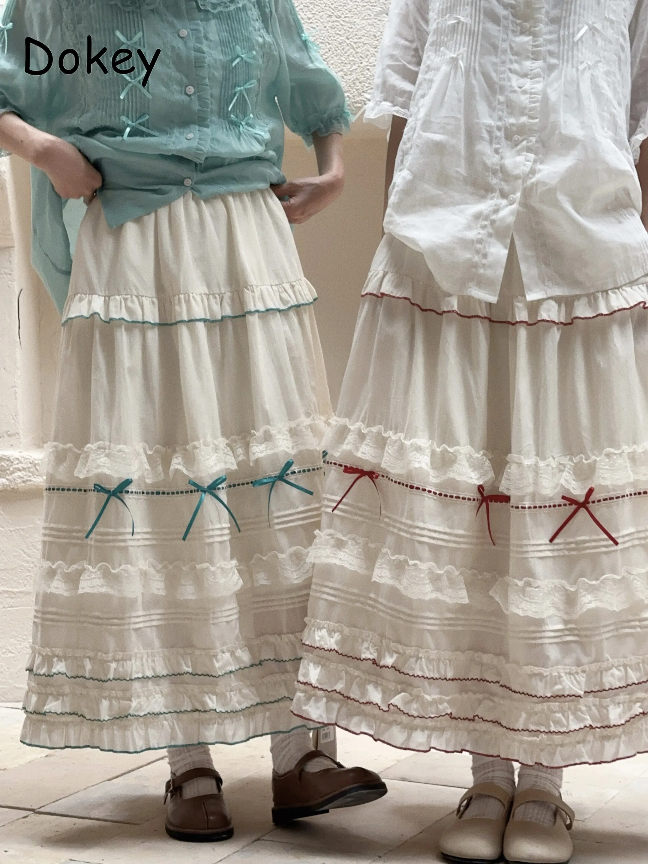 Vintage Ruffled Lolita Long Skirt Women Summer Elegant Bow Elastic Waist Cake Skirt Female Japanese Mori Girl A-line Puffy Skirt